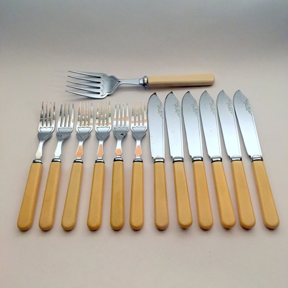 Antique Fish Knife Cutlery Set, 13pcs., Celluloid Handle, England -   Canada