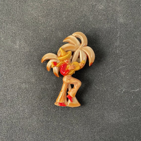 Celluloid Palm Tree & Mexican Cowboy Brooch, 1940… - image 3