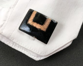 Québec Black & Orange Enamel Cufflinks, Silver Backed, 1960’s Vintage