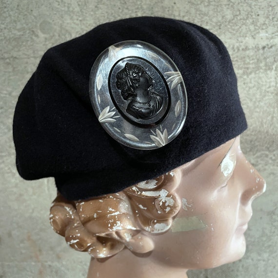 Massive Reverse Carved Lucite Cameo Brooch, Black… - image 1