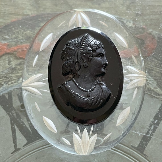 Massive Reverse Carved Lucite Cameo Brooch, Black… - image 3