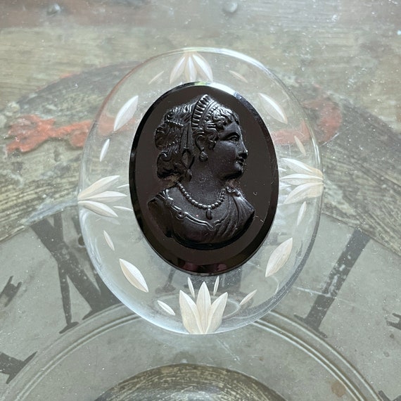 Massive Reverse Carved Lucite Cameo Brooch, Black… - image 2