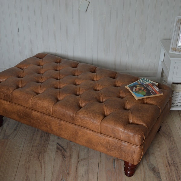 Handmade Faux Leather Tan Chesterfield Footstool – Ottoman – Coffee Table – Footrest – Mahogany Turned Hardwood Legs