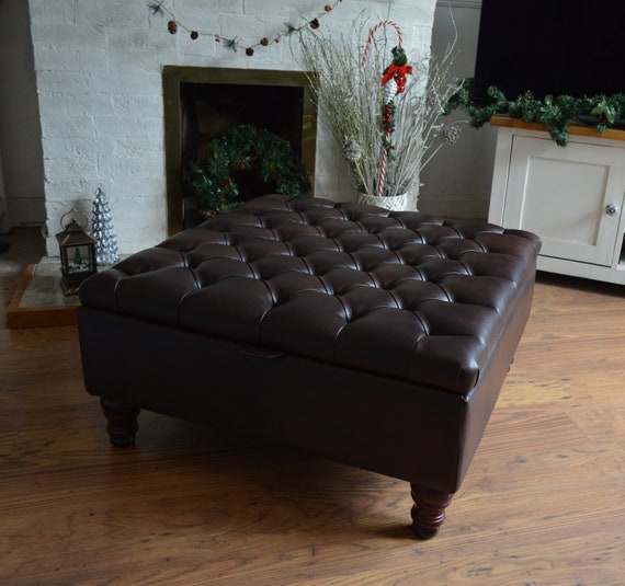 Extra Large Storage Square Chesterfield Deep Buttoned Footstool in Premium Dark Brown Faux Leather Etsy