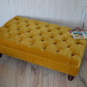 Chesterfield Deep Buttoned Footstool in a Plush Turmeric Velvet With Mahogany Turned Hard Wood Legs