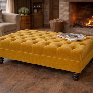 Chesterfield Deep Buttoned Footstool in a Plush Turmeric Velvet With Mahogany Turned Hard Wood Legs