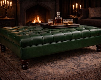 Green Faux Leather Chesterfield Footstool, Mahogany Legs
