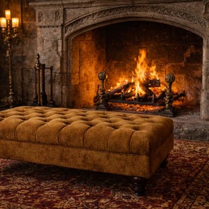 Puede incluir: Un otomán rectangular y acolchado en un cálido tono marrón dorado. El otomán se asienta sobre patas de madera oscura y está colocado sobre una alfombra estampada. Una chimenea con fuego y un candelabro decorativo de latón se encuentran en el fondo.