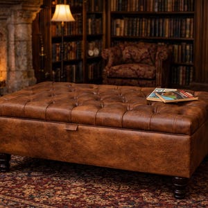 Handmade Premium Faux Leather Tan Chesterfield Footstool – Ottoman/Coffee Table/Footrest with Storage - Easy Clean