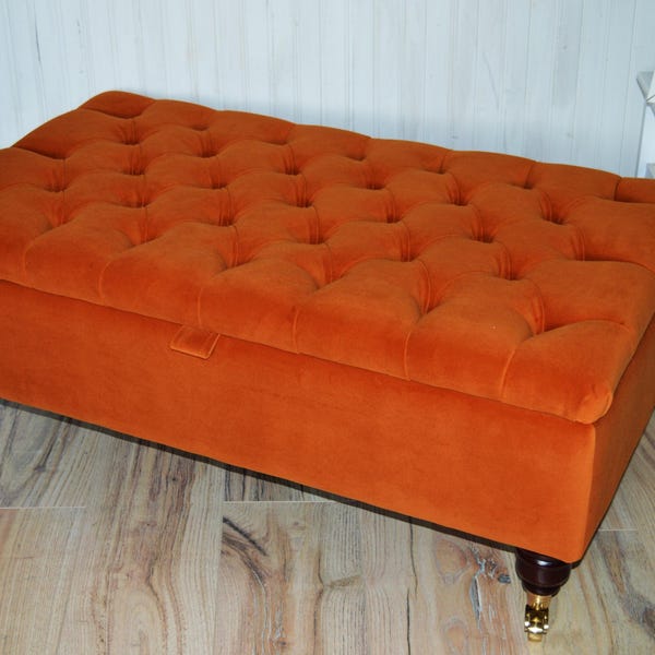 Chesterfield Deep Buttoned Footstool With Storage in Premium Eco Burnt Velvet Fabric With Brass Castor Legs.