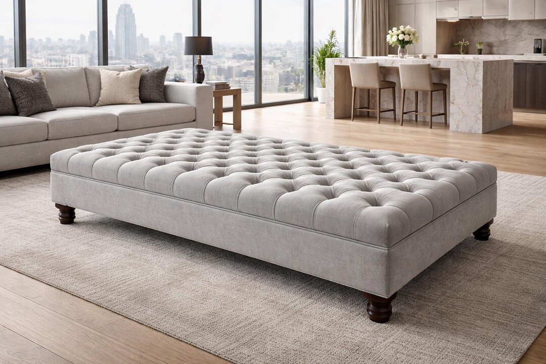 Chesterfield Footstool, Extra Large Silver Fabric, Turned Wood Legs ...