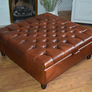 Extra Large Storage Square Chesterfield Deep Buttoned Footstool in Premium Chestnut Faux Leather