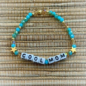 Beaded Word Stetch Bracelet in Aqua, Custom Name Bracelet, Cool Mom, Mama, Mom Bracelet, Name Bracelet, Star Bracelet