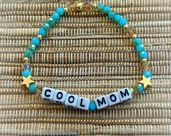 Beaded Word Stetch Bracelet in Aqua, Custom Name Bracelet, Cool Mom, Mama, Mom Bracelet, Name Bracelet, Star Bracelet