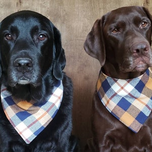 Navy & mustard plaid flannel snap on bandana dog bandana pet bandana