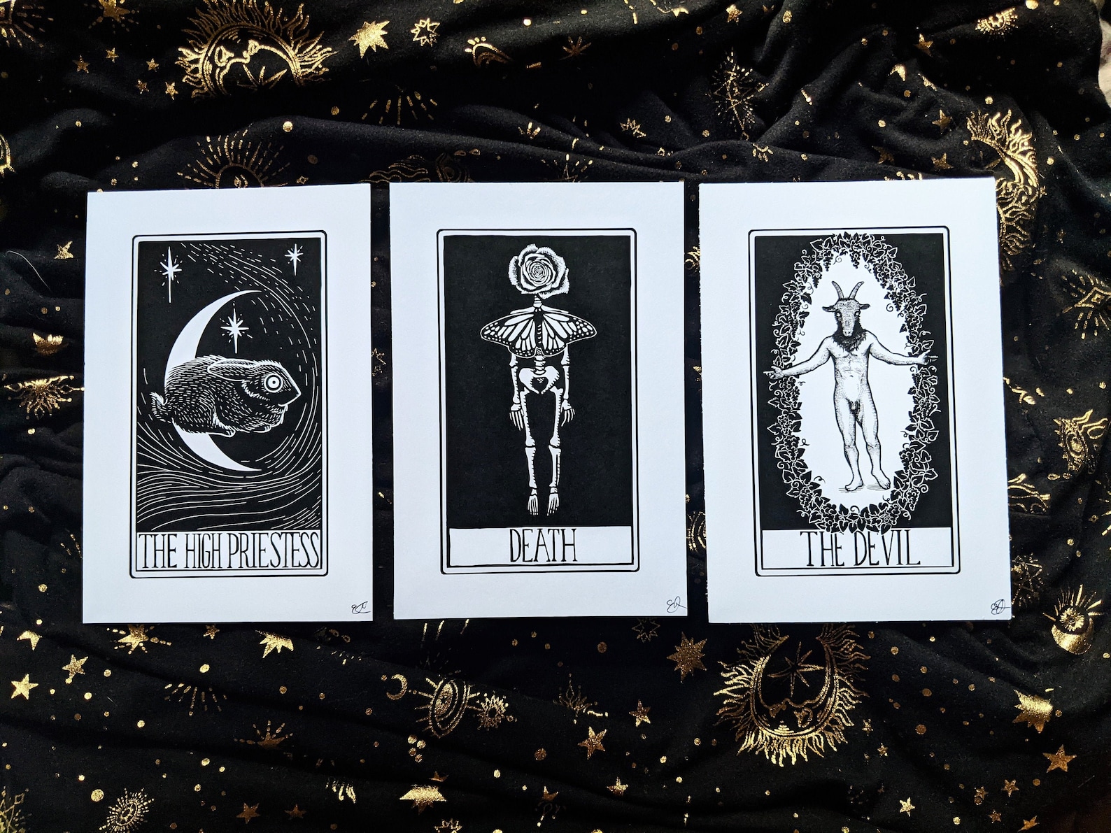 3 Tarot Prints: High Priestess Death The Devil Hand Drawn | Etsy