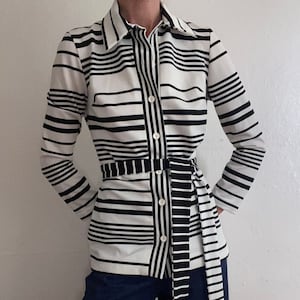 vintage striped 1970's button down blouse with belt image 1