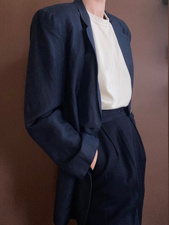 vintage minimalist navy linen blazer size US 6 - image 3
