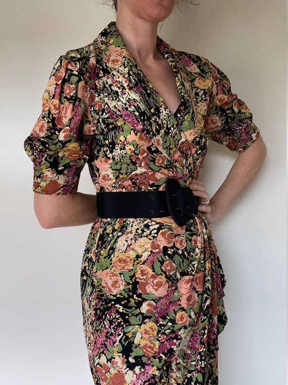 vintage floral painterly wrap dress size us 6 - image 3