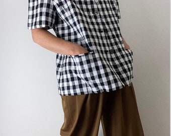 vintage black and white checkered short sleeved linen blazer