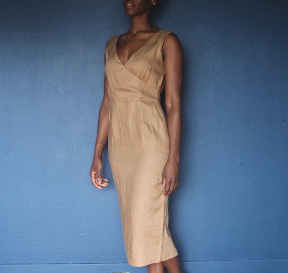 vintage tan linen dress / linen wrap dress size me