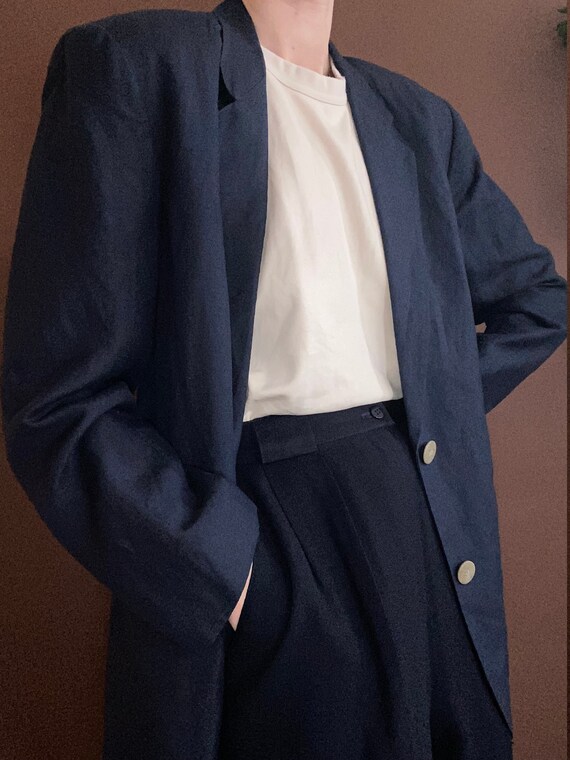 vintage minimalist navy linen blazer size US 6 - image 5