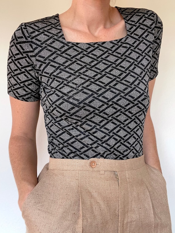 vintage metallic square neck fitted blouse size me