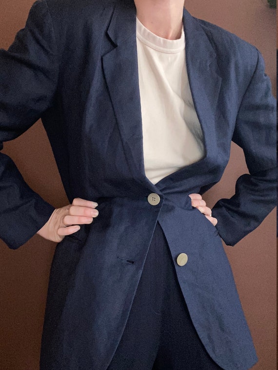 vintage minimalist navy linen blazer size US 6 - image 2