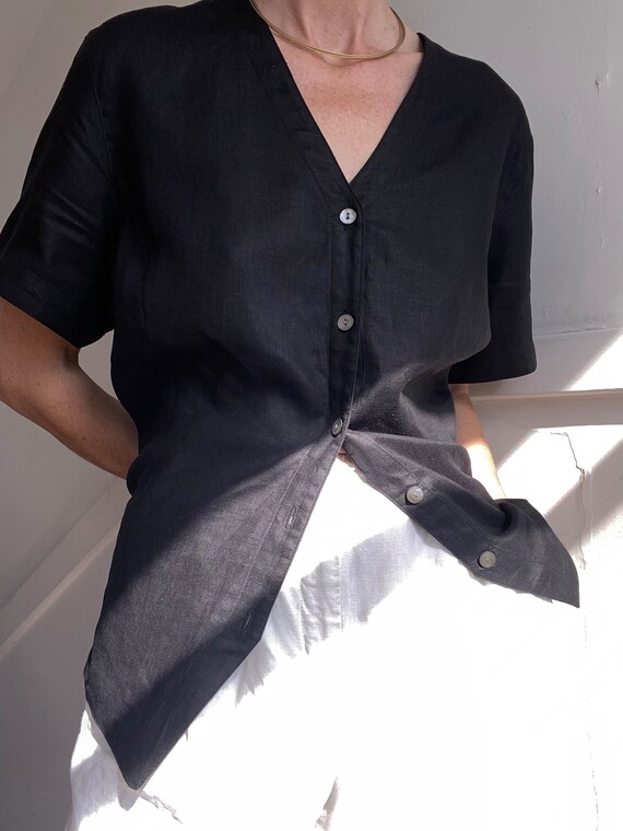 vintage black linen button down blouse