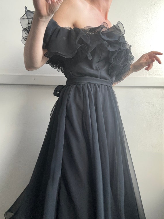 Vintage black chiffon 1960s ruffle dress - image 4