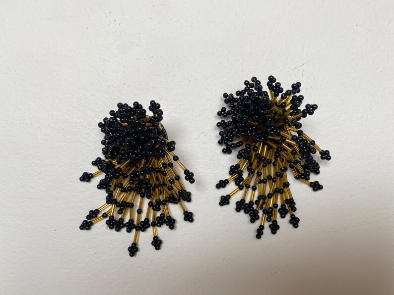 vintage black and gold beaded starburst clip on earrings image 3