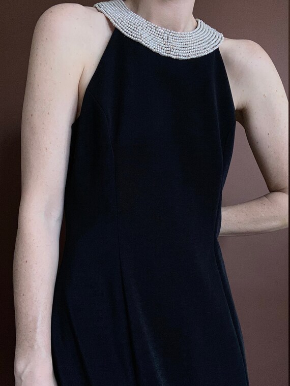 black dress with beaded collar Blue Short Sleeve Rhinestone Neckline Midi Dress