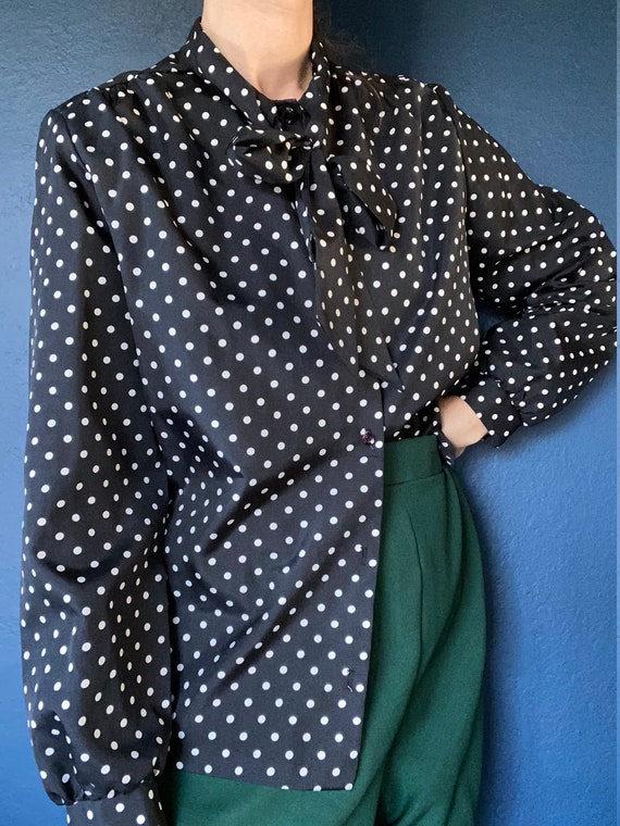 vintage polka dot pussy bow blouse size large - image 3