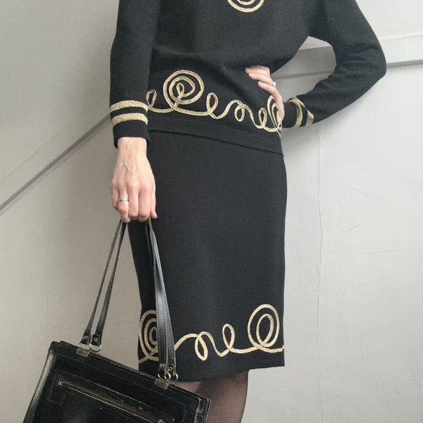 Vintage gold and black skirt suit sweater set