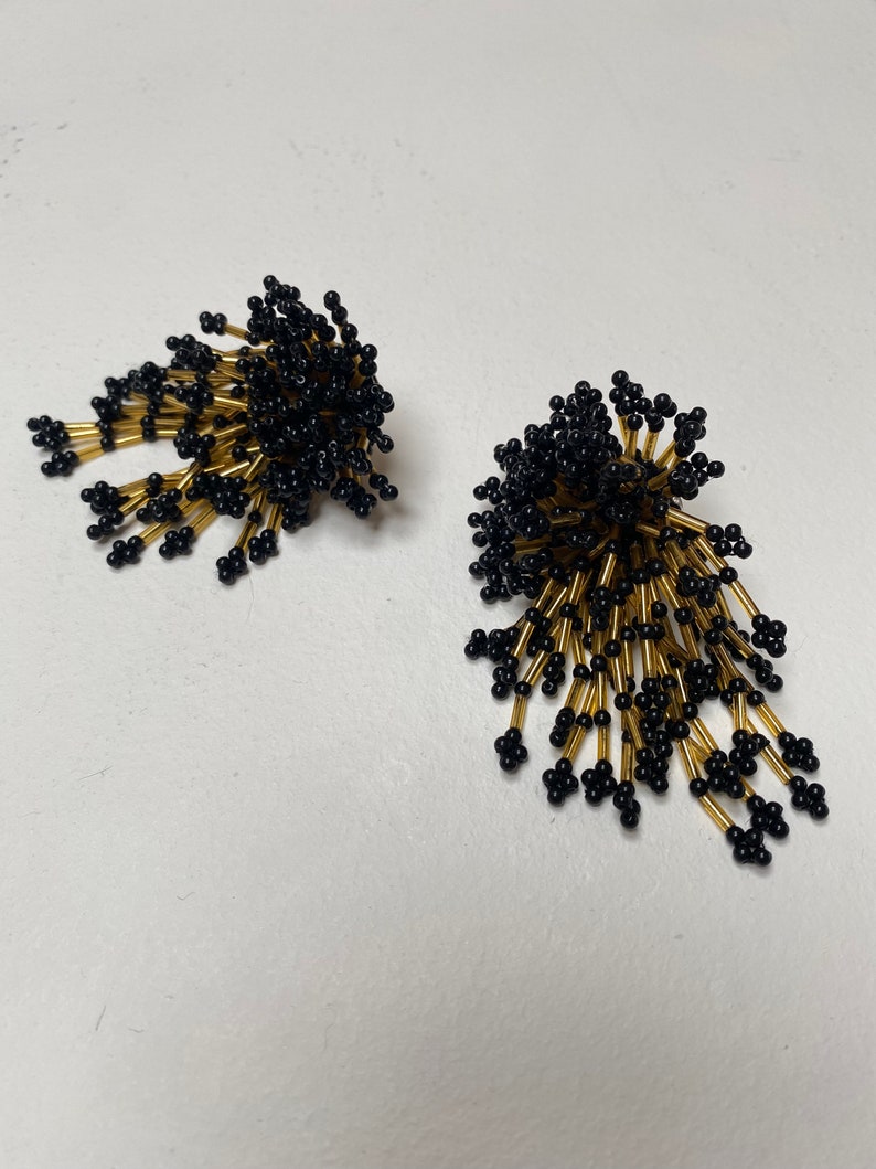 vintage black and gold beaded starburst clip on earrings image 4