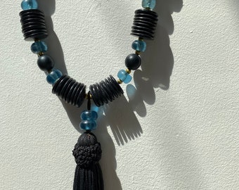 vintage blue and black beaded tassel necklace