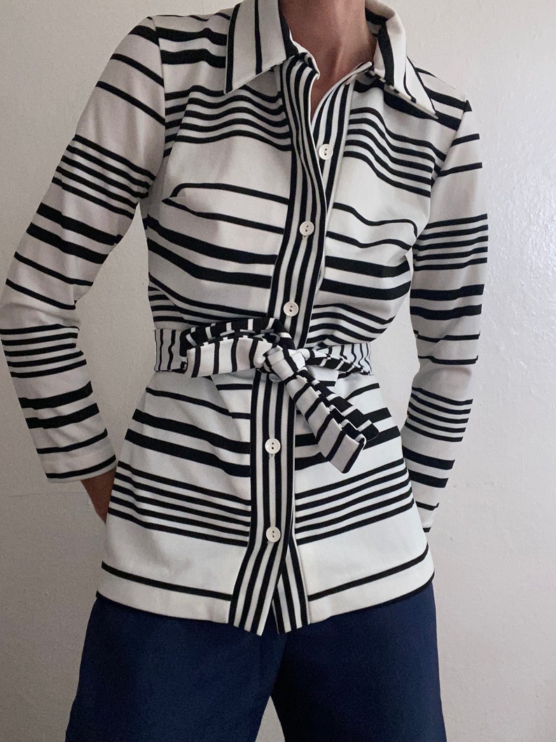 vintage striped 1970's button down blouse with belt image 5