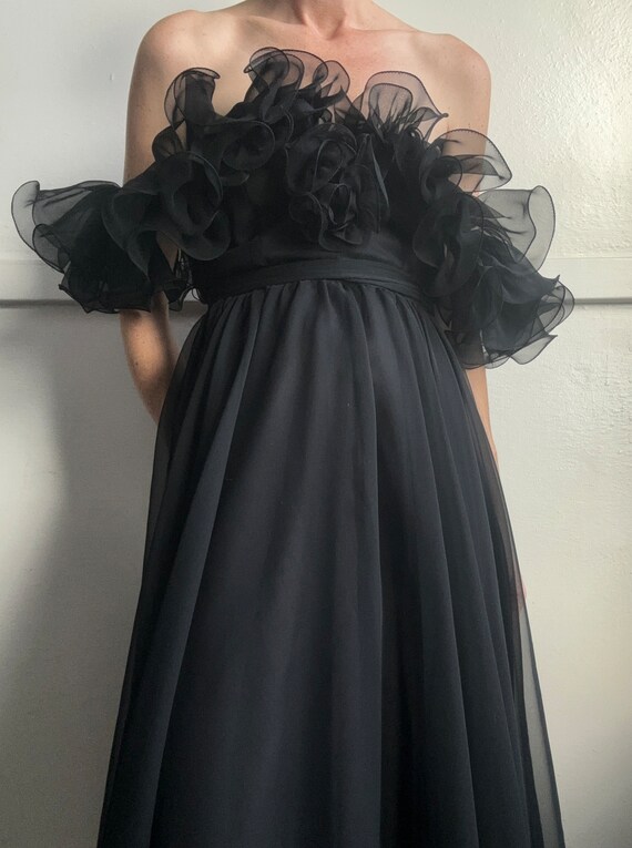 Vintage black chiffon 1960s ruffle dress