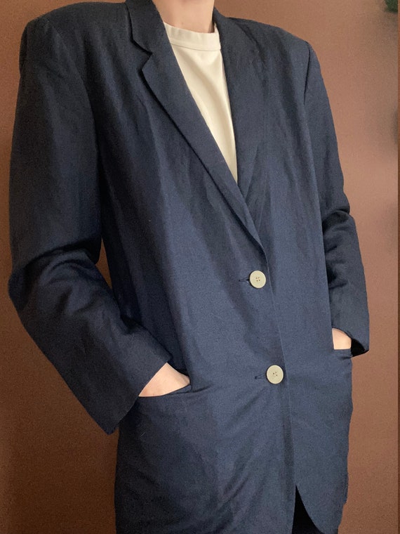vintage minimalist navy linen blazer size US 6 - image 4