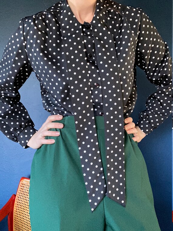 vintage polka dot pussy bow blouse size large - image 4