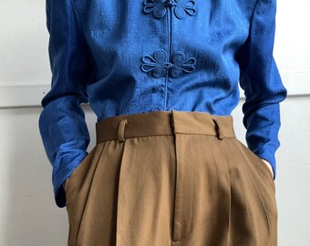 Vintage cobalt blue silk cheongsam blouse