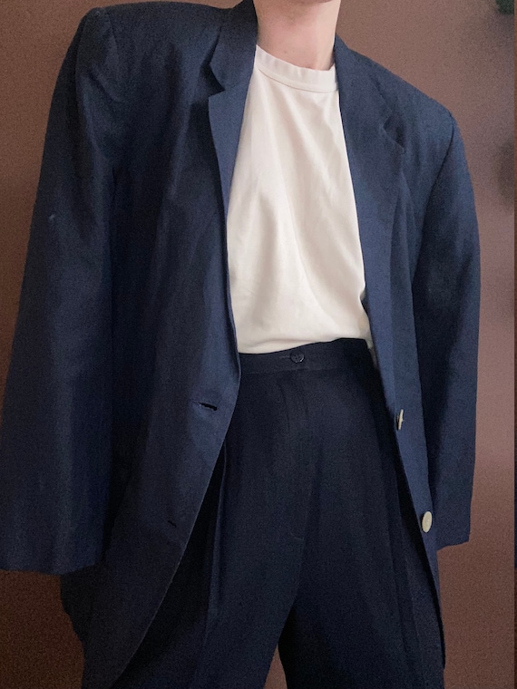 vintage minimalist navy linen blazer size US 6 - image 1