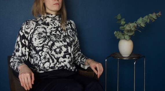 vintage botanical print knit turtleneck / black a… - image 1