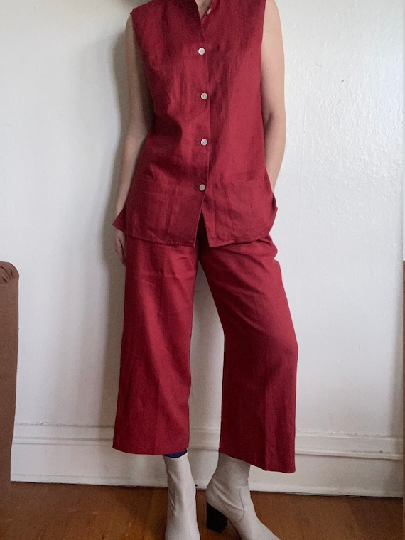 vintage red linen pant suit size us 12
