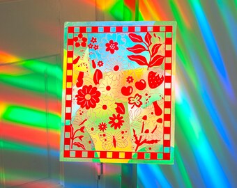 Red Vintage Pattern Suncatcher Window Cling | Retro Boho Prism Decal Rainbow Maker