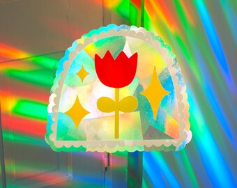 Red Tulip Suncatcher Window Cling | Floral Gardener Prism Decal Rainbow Maker