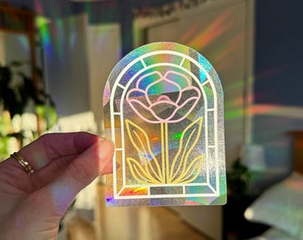 Suncatcher | Pink Poppy Sun Catcher Window Sticker | Cancer Research Donation | Rainbow Maker Prism Decal