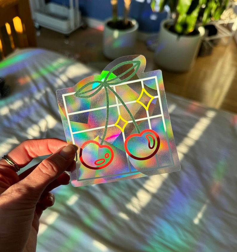 Suncatcher Stained Glass Cherry Sun Catcher Window Sticker Cancer Research Donation Rainbow Maker Prism Deca image 1