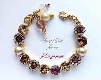 Amethyst CrystalTennis Bracelet/Cycleman Opal/Swarovski Crystal Flowers/White Pearl Cabohons/Gold Finish/June and October Birthstone