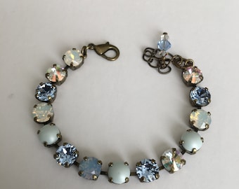 Sappihire Opal Tennis Bracelet/Pastel Blue Pearl Cabochons/Sky Blue Opals/Light Sapphire/White Patina Ravolis/8MM/Bridal/White Opals